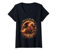 Femme Année du Cheval de Feu 2026 Nouvel an Chinois Lunaire Zodiaque T-Shirt avec Col en V