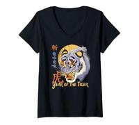 Femme Année du Tigre Zodiaque chinois Astrologie Asie de l'Est Art T-Shirt avec Col en V