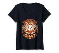 Femme Année Mignonne De La Chèvre Danse du Lion Conception Lunaire T-Shirt avec Col en V