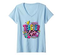 Femme Années 80 et 90 Rétro Enseignant Vie Éducateur T-Shirt avec Col en V