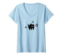 Femme Années 90 Y2K Scary Kitten Cat Tomcat is Scared Under Starry T-Shirt avec Col en V