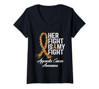 Femme Annexe Sensibilisation au cancer Son combat est mon soutien guerrier T-Shirt avec Col en V
