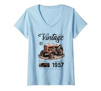 Femme Anniversaire d'agriculteur de tracteur vintage né en 1957 T-Shirt avec Col en V