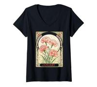 Femme Anniversaire de Janvier Rose Dianthus Style Art Nouveau T-Shirt avec Col en V