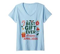 Femme Annonce de Noël de bébé Avril 2026 révélation de Grossesse T-Shirt avec Col en V