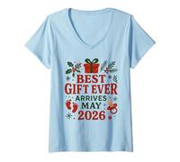 Femme Annonce de Noël de bébé mai 2026 révélation de Grossesse T-Shirt avec Col en V