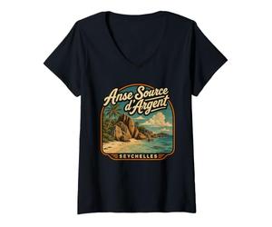 Femme Anse Source d'argent Seychelles Famille Vacances Lune de Miel T-Shirt avec Col en V