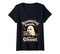Femme Answering Emails Ghost Office Humour Remote Work Laptop T-Shirt avec Col en V