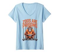 Femme Anti Zoos are Prisons Monkey Animal Liberation Déclaration T-Shirt avec Col en V