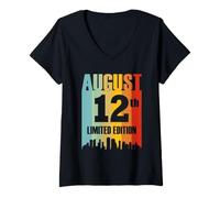 Femme Août 12 Édition Limitée Retro Vintage Anniversaire T-Shirt avec Col en V