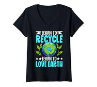 Femme Apprendre à Recycler Apprendre à Aimer la Terre T-Shirt avec Col en V