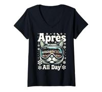 Femme Apres All Day Bar Masque de Ski Chat T-Shirt avec Col en V