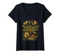 Femme Aquarelle Bohème Libellule Amoureux des Insectes Nature Floral T-Shirt avec Col en V