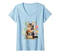 Femme Aquarelle Chat tigré Nature Animaux de Compagnie Cottagecore T-Shirt avec Col en V