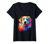 Femme Aquarelle Coloré Bouvier des Pyrénées Grandes Pyrénées T-Shirt avec Col en V