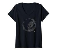 Femme Aquarelle Dragon Enso Circle - Art Minimaliste Japonais T-Shirt avec Col en V