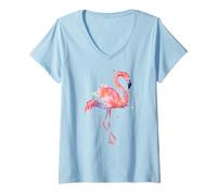 Femme Aquarelle Flamant Rose Oiseau Tropical Beach Illustration T-Shirt avec Col en V