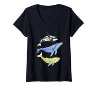 Femme Aquarelle Florale Baleines Orca Bleu Baleine à Bosse T-Shirt avec Col en V