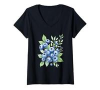 Femme Aquarelle Myrtille Fruits Motif Feuilles Été T-Shirt avec Col en V