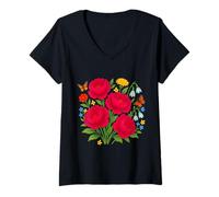 Femme Aquarelle Pivoine Rouge Bouquet Floral Papillons Formes Mania T-Shirt avec Col en V