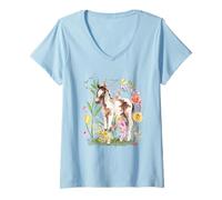 Femme Aquarelle Poney Nature Faune Petit Cheval Cottagecore T-Shirt avec Col en V