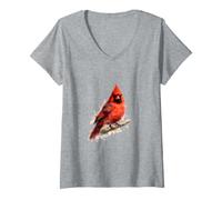 Femme Aquarelle Rouge Cardinal Oiseau T-Shirt avec Col en V