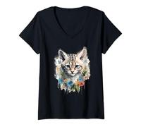Femme Aquarelle Sable Chat Floral Couronne Art Feline Lover T-Shirt avec Col en V