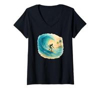 Femme Aquarelle Surf Scène Surf Riding Wave & Coastal Vibes T-Shirt avec Col en V