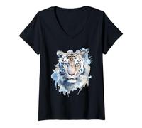 Femme Aquarelle Tigre Blanc T-Shirt avec Col en V