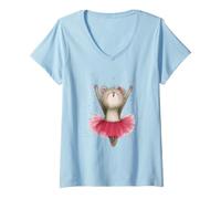 Femme Aquarelle Tutu Rose Danse Ballerine Ours Mignon T-Shirt avec Col en V