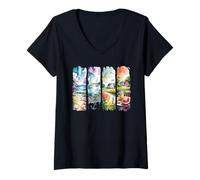 Femme Aquarelle Vacances d'été Plage Voile Pays T-Shirt avec Col en V