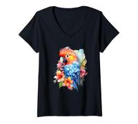 Femme Aquarelle vibrante Ara, Perroquet, Fleurs Tropicales T-Shirt avec Col en V