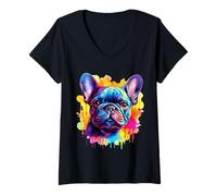 Femme Aquarelle vibrante Bouledogue français pour Amoureux des Chiens T-Shirt avec Col en V