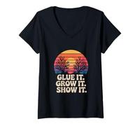Femme Aquariophilie "GLUE IT. Grow IT. Show". Corail Fragging T-Shirt avec Col en V