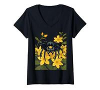 Femme Araignée Loup géante entourée de Fleurs de Jasmin Jaune T-Shirt avec Col en V