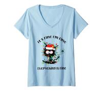 Femme Arbre à Chat Noir avec lumières It's Fine I'm Fine Everything is Fine T-Shirt avec Col en V