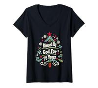 Femme Arbre de Noël « Blessed by God for 76 Years Old » pour 76e Anniversaire T-Shirt avec Col en V