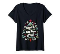 Femme Arbre de Noël « Blessed by God for 97 Years Old » T-Shirt avec Col en V