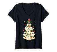 Femme Arbre de Noël Effrayant et hanté avec fantômes Mignons T-Shirt avec Col en V