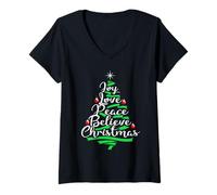 Femme Arbre de Noël Joy Love Peace Believe T-Shirt avec Col en V