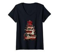 Femme Arbre de Noël pour Amoureux des Livres Scène d'hiver T-Shirt avec Col en V