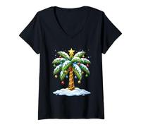 Femme Arbre de Noël Tropical drôle de Palmier Plage Vacances Santa Islan T-Shirt avec Col en V