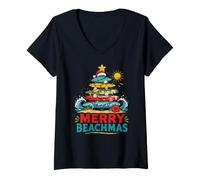 Femme Arbre De Planche De Surf De Noël Merry Beachmas Beach T-Shirt avec Col en V