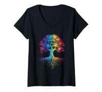 Femme Arbre de Vie Arc-en-Ciel T-Shirt avec Col en V
