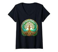 Femme Arbre de vie celtique vert et marron T-Shirt avec Col en V