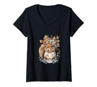 Femme Arbre écureuils bohémien Animal Floral forêt botanique T-Shirt avec Col en V