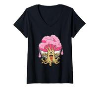 Femme Arbre Yokai en fleur de cerisier avec un œil et flammes roses fantômes T-Shirt avec Col en V