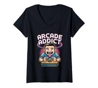Femme Arcade Addict Pop Culture Jeu vidéo rétro T-Shirt avec Col en V