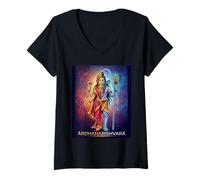 Femme Ardhanarishvara - Lord Shiva Déesse Parvati Shakti Hindouisme T-Shirt avec Col en V