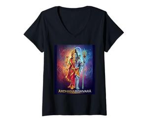 Femme Ardhanarishvara - Lord Shiva Déesse Parvati Shakti Hindouisme T-Shirt avec Col en V